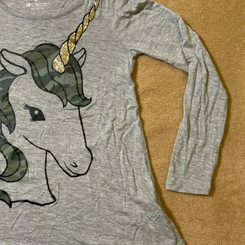 Justice Girls 10 Heather Gray Camo Glitter Unicorn Long Sleeve Round Neck‎ Top